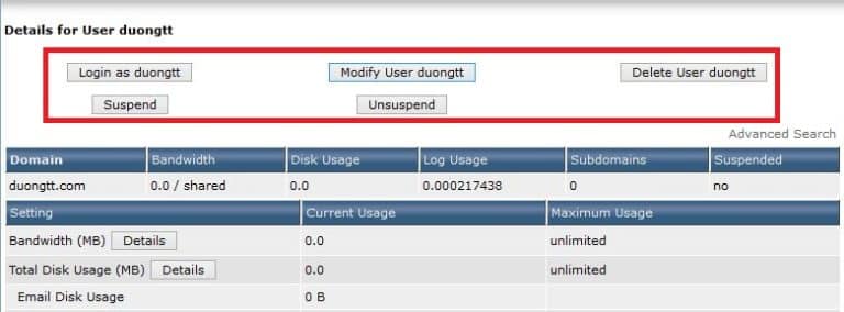 Quản lý các user trong DirectAdmin
